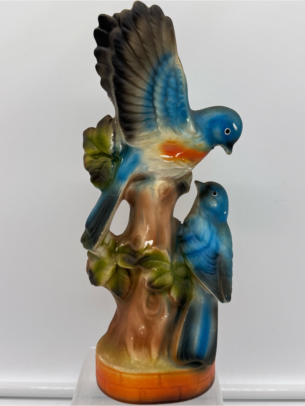 Vintage Japan Bluebird Figurine Ceramic Bird Statue Tree Stump Decor